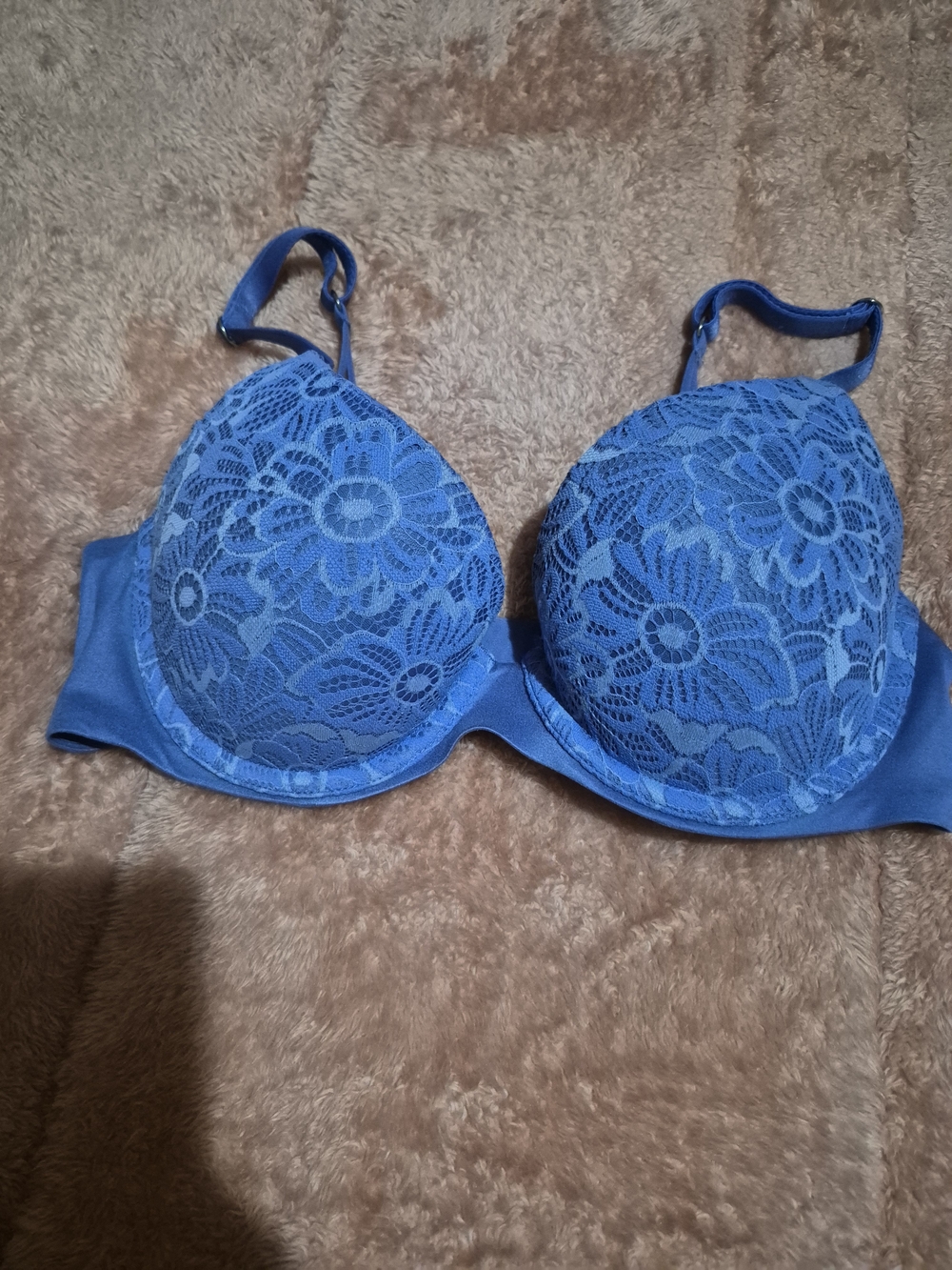 Lace Overlay Blue Push-Up Bra with Adjustable Straps